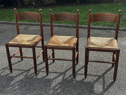 3 Chaises Vintage en Bois et Paille – Années 50/60