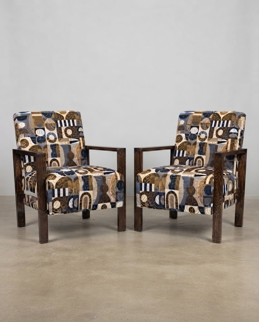Vintage Hongaarse Art Deco Loungestoelen in abstract geometrisch patroonstof met houten frames, jaren 30, set van 2