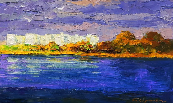 Image 1 of Origineel olieverfschilderij: Stadsgezicht in de herfst, nieuwe gebouwen aan de overkant van de rivier.