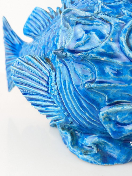 Image 1 of Art déco italien Guido Cacciapuoti Sculpture de poisson Scorfano émaillée bleue années 1930