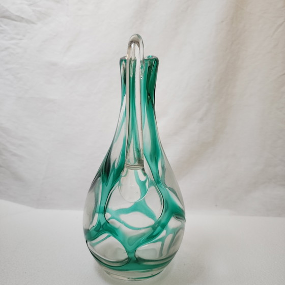 Handgeblazen kunstglazen kan uit het midden van de 20e eeuw in turquoise groen – organische, vrije vorm (photo 3 of 12)