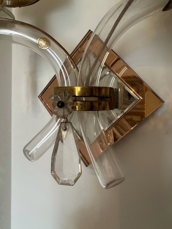 Image 1 of Art Deco crystal and brass mirror wall lights