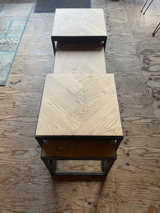 Image 1 of Set of 3 industrial oak herringbone coffee tables.