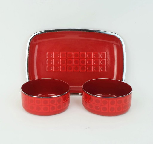 2 bowls and 1 serving plate silit red enamel metal chrome op art pattern 1970s