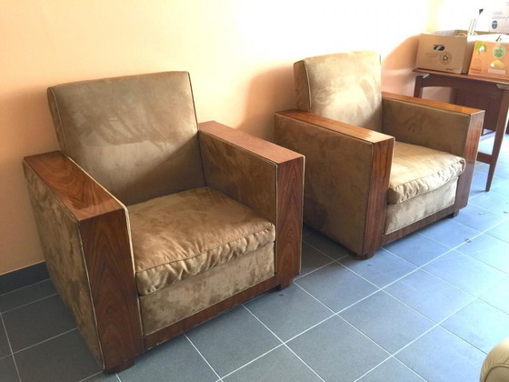 Ensemble de Fauteuils Club Art Déco en Alcantara & Noyer, 1930 – Wood, Art Deco (photo 11 of 16)