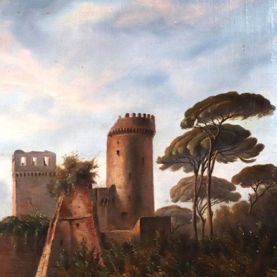 Image 1 of Paisaje con castillo, óleo sobre lienzo, firmado M.G., Italia, siglo XVIII.