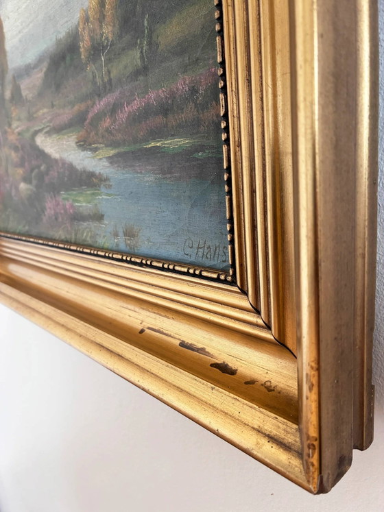 Image 1 of Peinture à l'huile originale vintage représentant un paysage de rivière