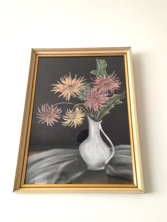 Image 1 of Tableau ancien pastel fleurs J Gelders cadre doré vintage