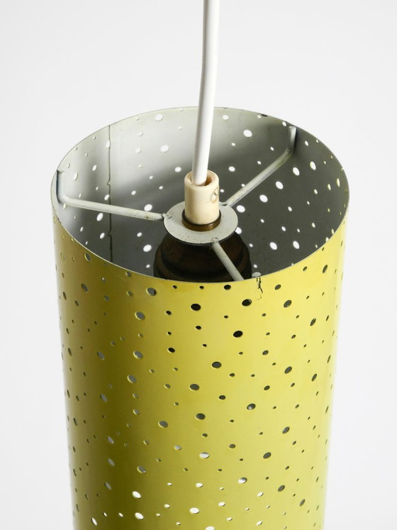 Image 1 of Beautiful mid-century pendant lamp in perforated metal, mustard yellow, by Ernest Igl for Hillebrand