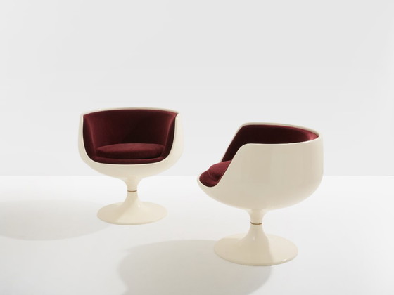 Image 1 of Eero Aarnio paar cognackleurige stoelen van glasvezel en alpacafluweel, 1967
