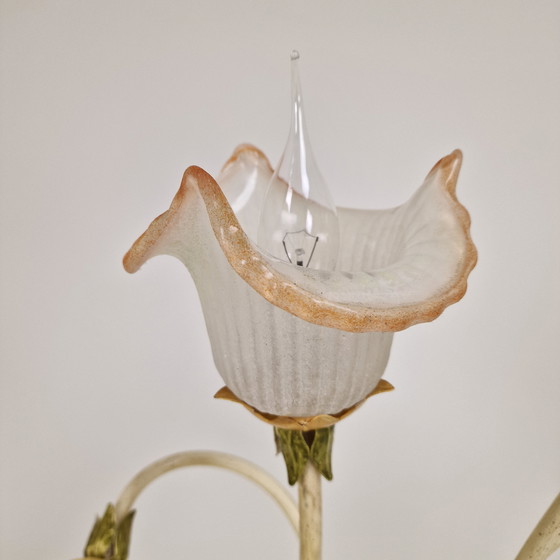 Image 1 of Italian Floor Lamp with Metal Stems, Leaf Details and Murano Glass Flower Shades