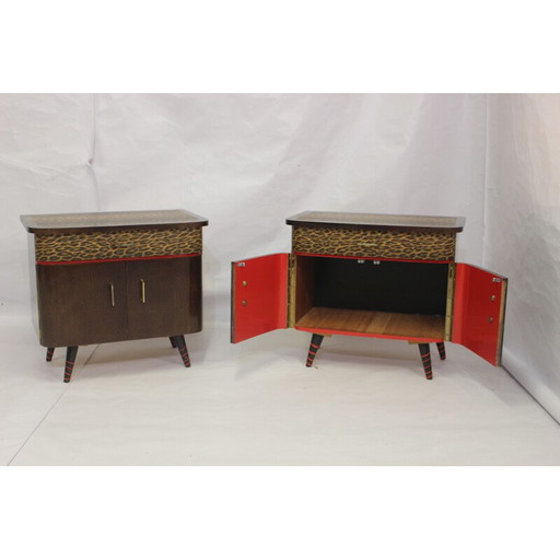 Pareja de mesitas de noche vintage con tapa estampada, 1950-1960