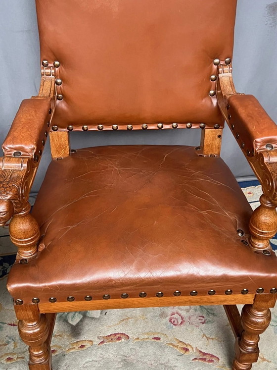 Pair of Renaissance armchairs. Carved solid oak. Holland. Late 19th century., Wood, Brown (photo 6 of 9)