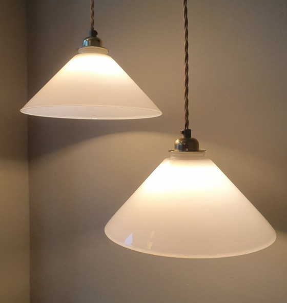 Set Vintage Pendant lamps - Milk glass, banker's lamps. – Metal (photo 19 of 21)