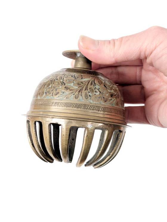 Image 1 of Vintage Solid Etched Brass Indian Elephant Claw Bell, Handcrafted Decorative Floral Table Bell