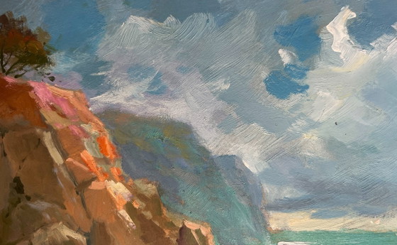 Image 1 of Peinture à l'huile originale représentant un paysage marin côtier. Navigation vers le rivage en bateau.