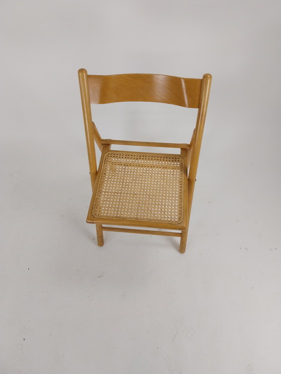 Image 1 of 4 x Mid - Century folding chairs in beech with rattan webbing seat