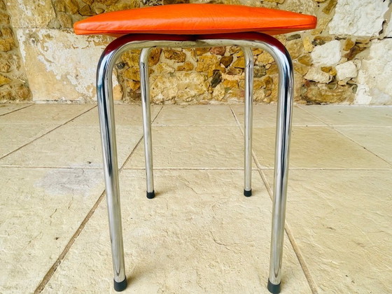 Image 1 of Mid-Century, Orange Skaï and Chrome Stool By J L 1970s