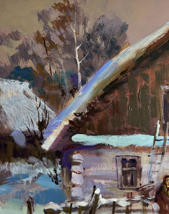 Image 1 of Original Oil Painting Night Houses Landscape Busy winter street of the village