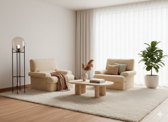 Image 1 of Vintage fauteuils, beige stof, minimalistisch design, 1980, set van 2