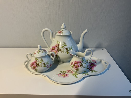 Porcelain tray with teapot, cream jug and sugar bowl (Limoges)