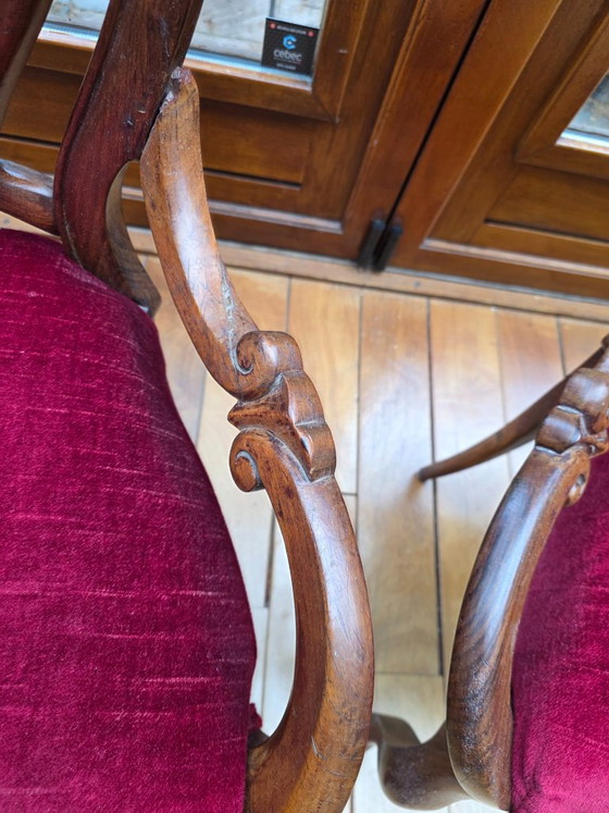 Due sedie antiche con rivestimento rosso, Sedie da camera, Legno, Tessile, Klassiek (foto 6 di 9)