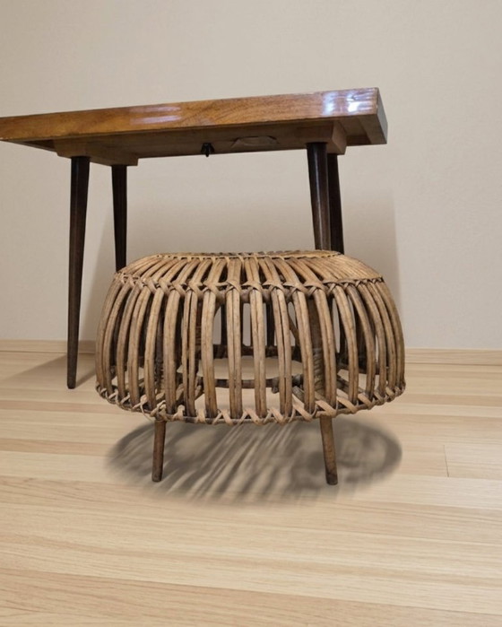 Ottoman Mid-Century Woven Rattan Stool by Franco Albini, 1950s, Italy, 50 × 50 × 30 cm (photo 6 of 9)