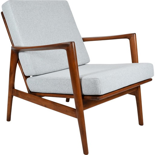 Fauteuil vintage Stefan en teck teinté et tissu gris clair pour Swarzędz, 1960
