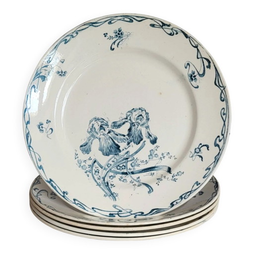 5 earthenware plates from Creil and Montereau "Crémone", ironstone Art Nouveau