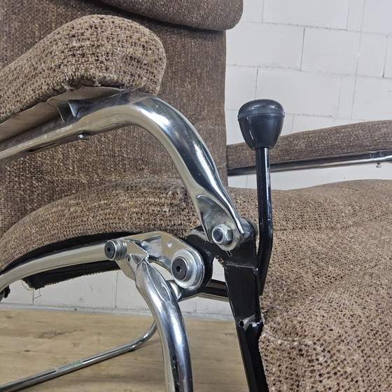 Image 1 of Vintage Verstelbare Relaxfauteuil Chroom / grijs / bruin stof / luie stoel / reclining chair