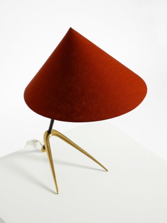 Image 1 of Beautiful, large, original Kalmar Mid-Century Modern tripod brass table lamp with a new fabric shade