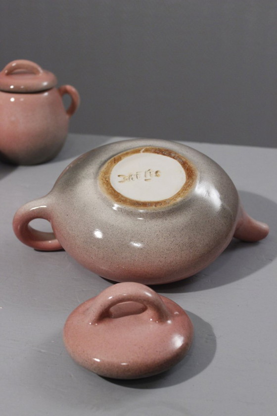 Image 1 of Servizio da caffè in ceramica da 9 pezzi, smalto rosa maculato Max Idlas, Francia, XX secolo