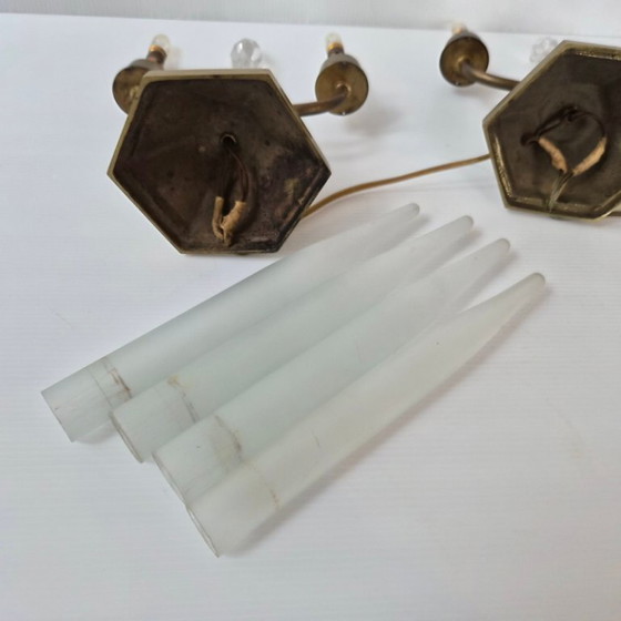 Image 1 of Pair of vintage 1950s brass and glass candle lamps, Art Deco style.