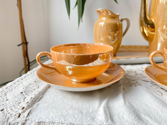 Image 1 of Service à Thé Vintage en Lustre Czecho-Slovaquia Victoria China Pêche Irisé 1950