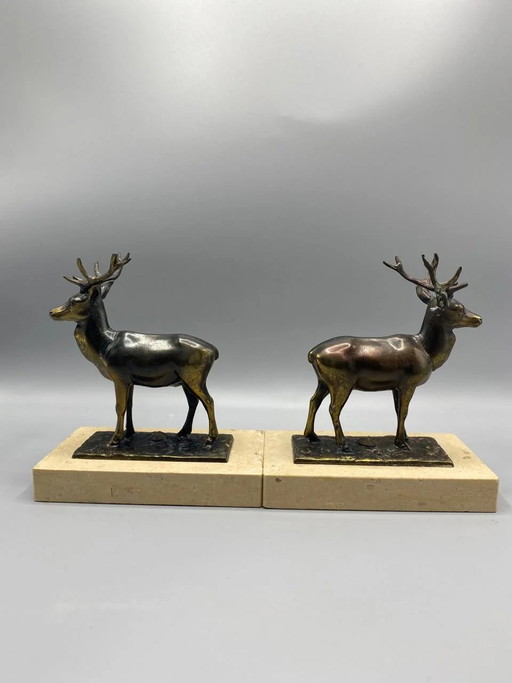 2 Bronzed Spelter Deer Bookends on Marble Base, Art Deco Animal – beeldhouwkunst