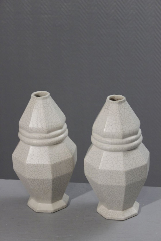 Image 1 of Coppia di vasi in terracotta di Saint Clément Craquelé a smalto periodo Art Déco 1930