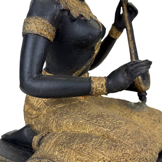 Thaise Muzikant Beeld Brons – Goud Zwart Patina Tempelfiguur – Beeldhouwkunst, Bronze, Aziatisch (photo 13 of 14)