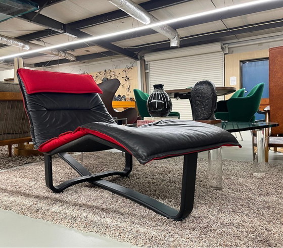 Image 1 of Westnofa Norwegian Black Leather and Red Wool Reversible Scandinavian Modern Chaise Lounge
