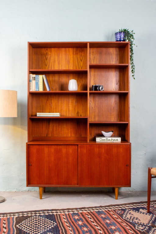 Vintage teakhouten hoge boekenkast, dressoir, ladekast, midden 20e eeuw