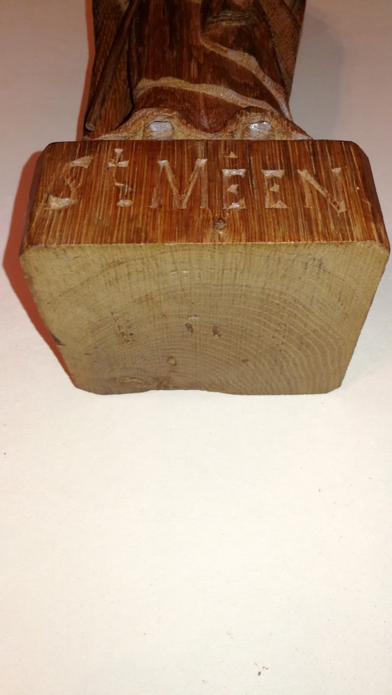 Image 1 of Statuetta antica vintage in legno massello intagliato dell'abate St Méen / anni '50