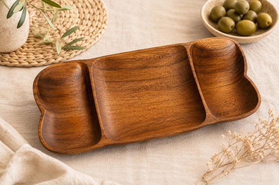 Vintage Wood Serving Bowl XXL 44 cm | Hand-carved Mid Century Snack Bowl with 3 Compartments | Teak Wood (photo 2 of 11)