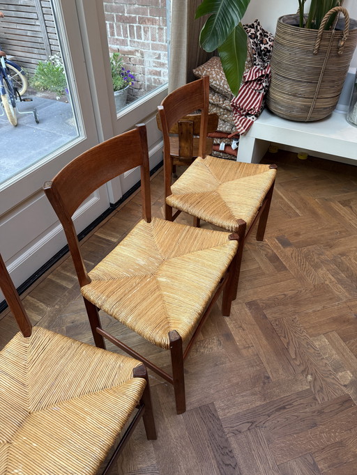 Ensemble de 4 chaises scandinaves vintage en teck et paille, années 1960
