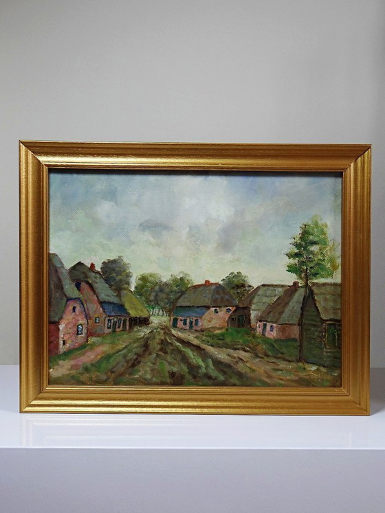 Image 1 of Oil on panel, small rural village, framed vintage painting, 1950-1970