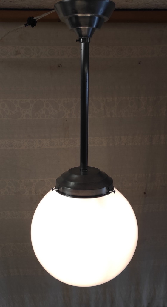 Image 1 of Bauhaus style pendant light in aluminum and opaline globe diam. 25 cm - mid. 20th century 