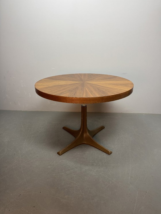 Image 1 of Mid-Century Design Round Adjustable Wooden Veneer Coffee / Dining Table by Ilse Möbel with Solid Centered Pedestal, Germany 1960