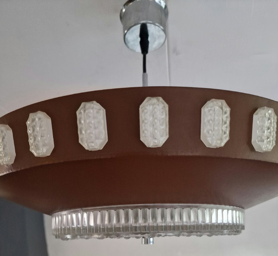 Image 1 of Lampada a sospensione vintage in vetro spaziale e metallo marrone
