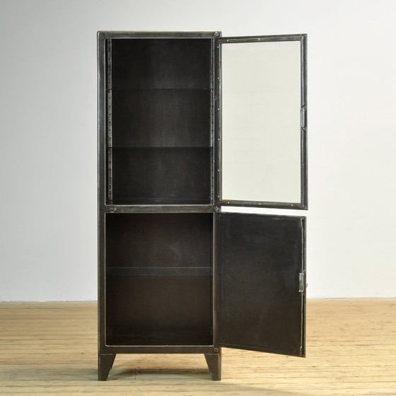 Polished iron medical cabinet, 1950s, kovona, Display cabinets, Metal, Glass, Black, Vintage (photo 4 of 13)