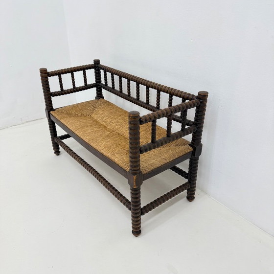 Wooden bench with bobbin legs and rush seat, Benches, Other, Brown, Vintage (photo 5 of 13)