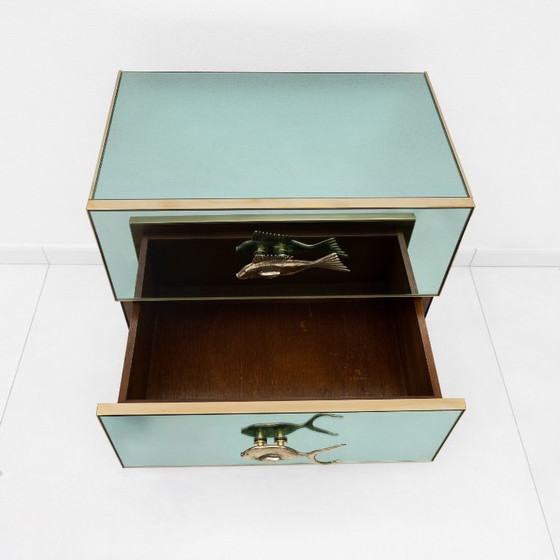 Pair Of Mid-Century Aqua Green Mirrored Glass Nightstands With Brass Fish Handle (photo 10 of 10)