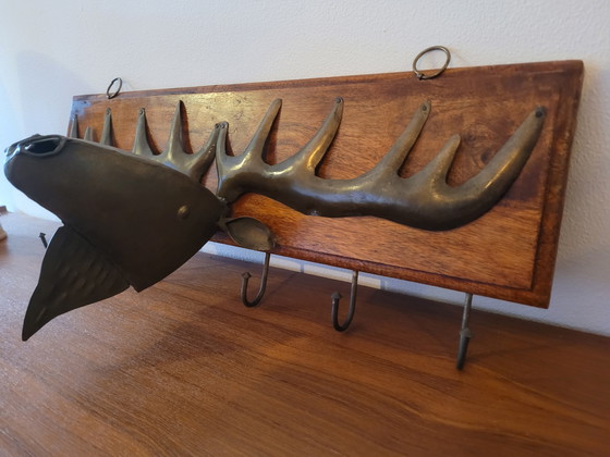 Image 1 of Vintage Wooden Coat Rack with Metal Moose – 6 Hooks
